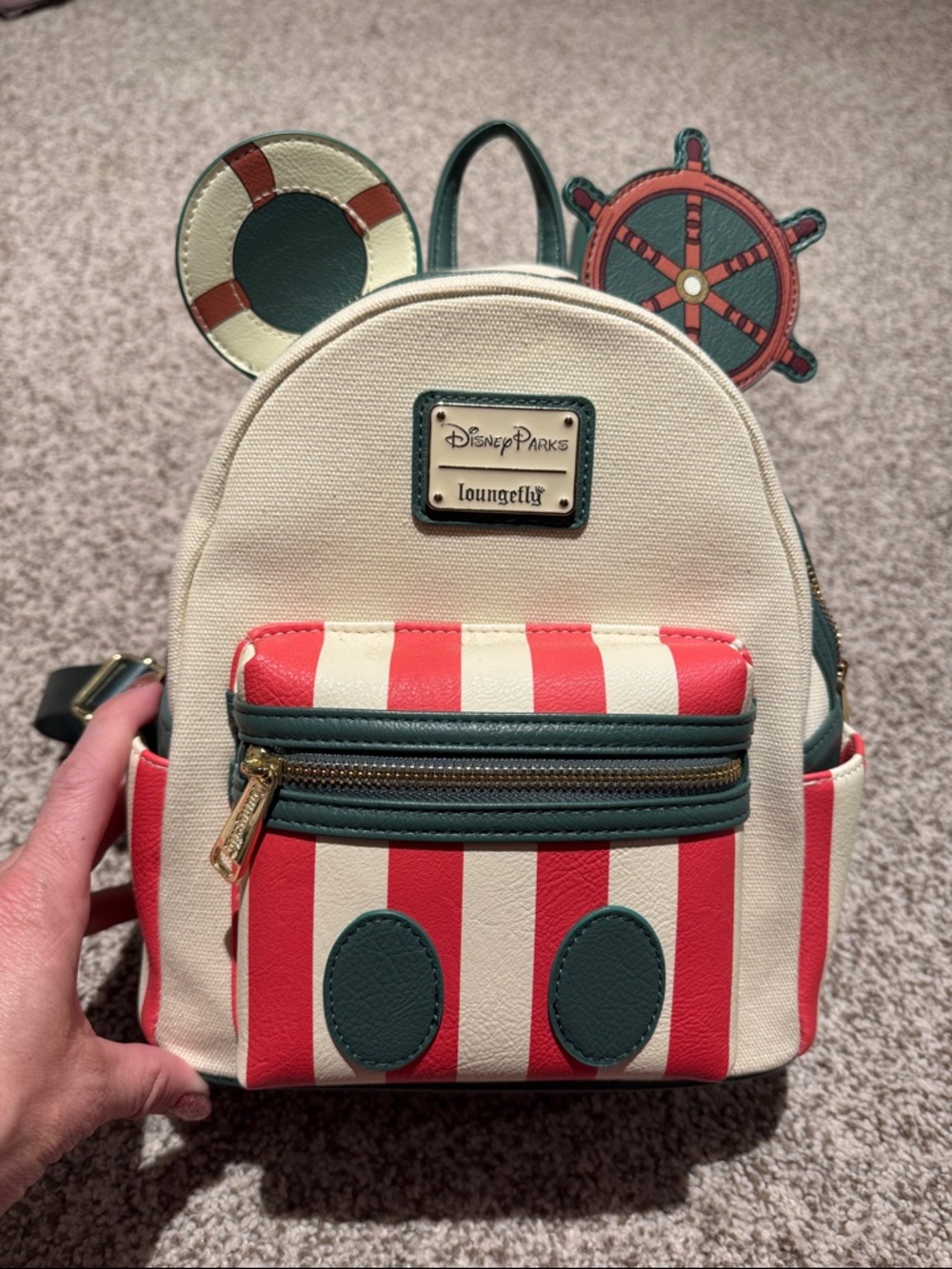 Loungefly Disney Parks Red White Green Striped Mickey Ear Backpack
